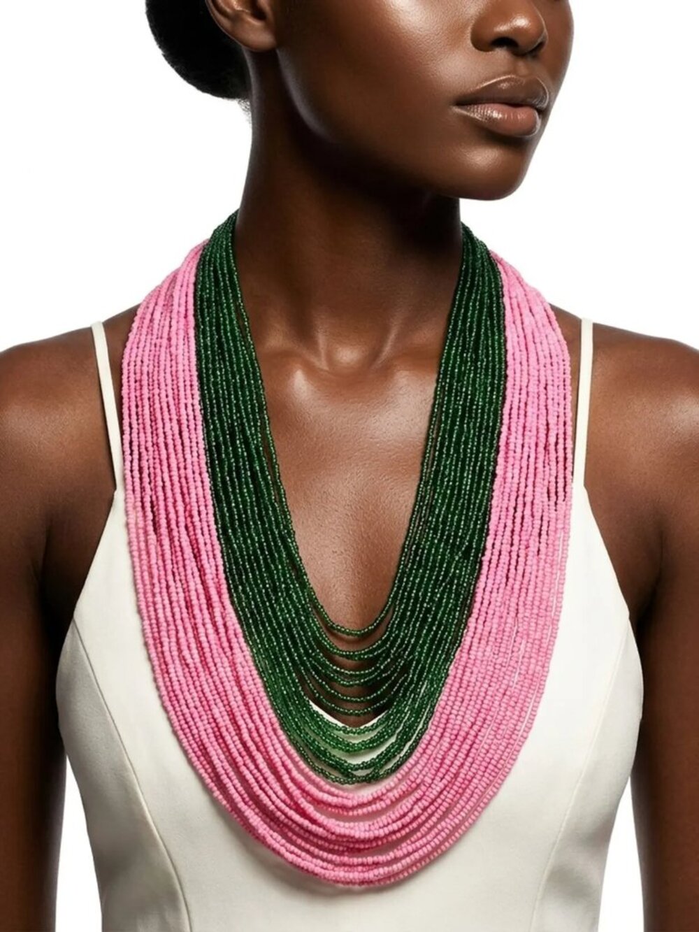 Color block Pink Green 100 Strand Bead Necklace